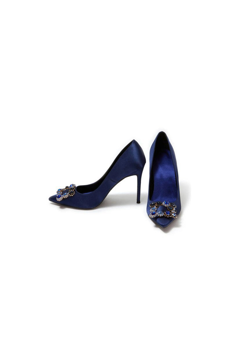 Wedding Satin Pointed Toe Rhinestones Buckle Stiletto Heel Pumps