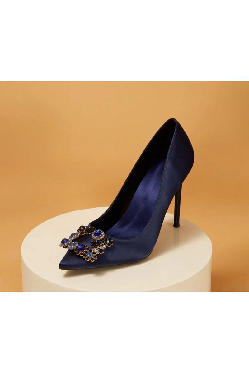 Wedding Satin Pointed Toe Rhinestones Buckle Stiletto Heel Pumps