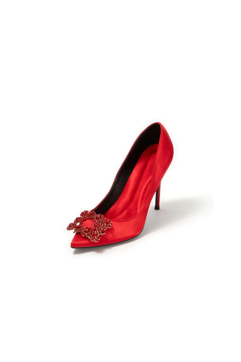 Wedding Satin Pointed Toe Rhinestones Buckle Stiletto Heel Pumps