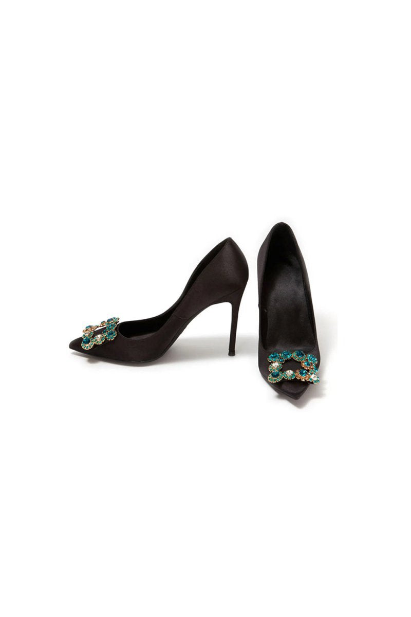 Wedding Satin Pointed Toe Rhinestones Buckle Stiletto Heel Pumps