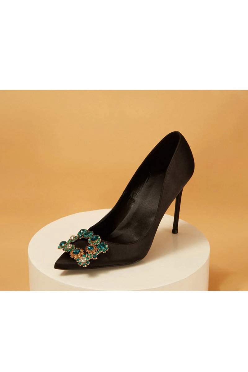 Wedding Satin Pointed Toe Rhinestones Buckle Stiletto Heel Pumps