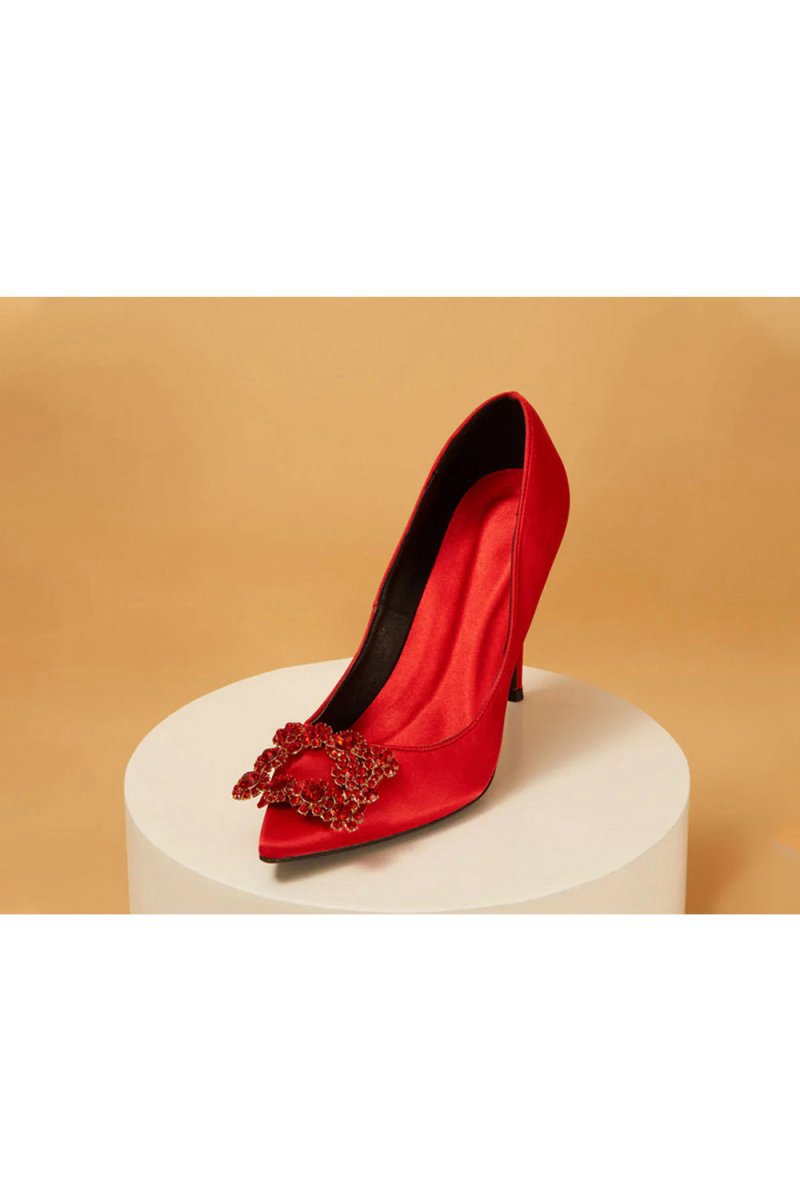 Wedding Satin Pointed Toe Rhinestones Buckle Stiletto Heel Pumps