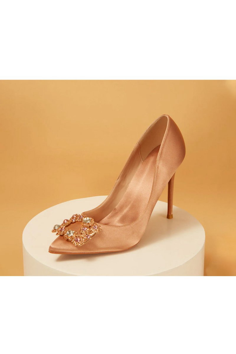 Wedding Satin Pointed Toe Rhinestones Buckle Stiletto Heel Pumps