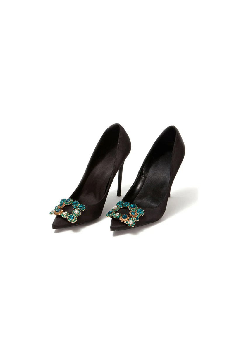 Wedding Satin Pointed Toe Rhinestones Buckle Stiletto Heel Pumps