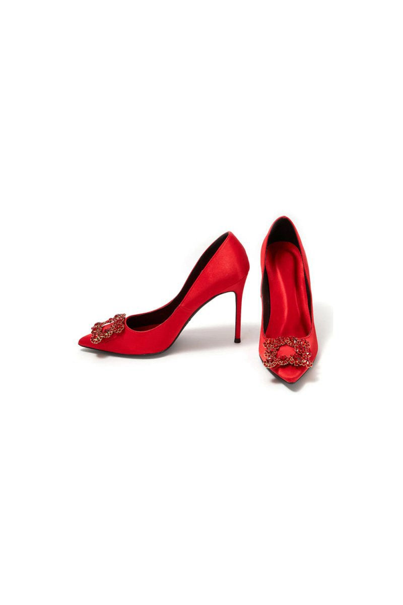 Wedding Satin Pointed Toe Rhinestones Buckle Stiletto Heel Pumps