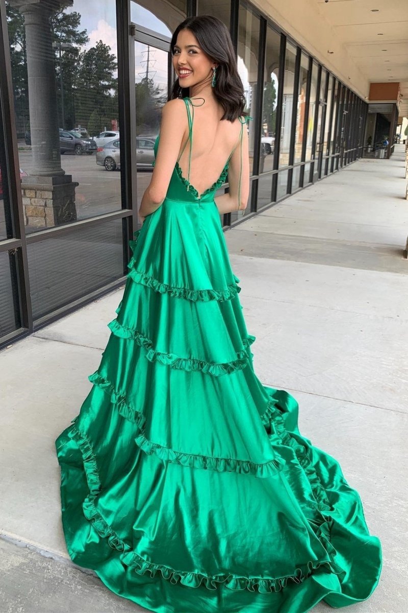 A-line V-Neck Backless Ruffle Prom Dresses with Slit