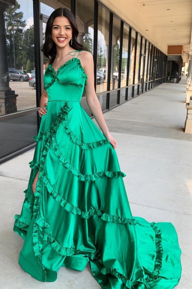 A-line V-Neck Backless Ruffle Prom Dresses with Slit