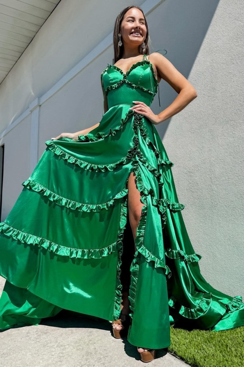 A-line V-Neck Backless Ruffle Prom Dresses with Slit