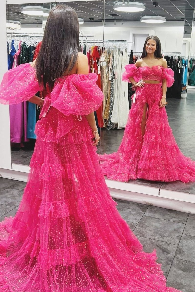 Two-Piece Puff Sleeve Ruffle Glitter Tulle Prom Dresses with Slit