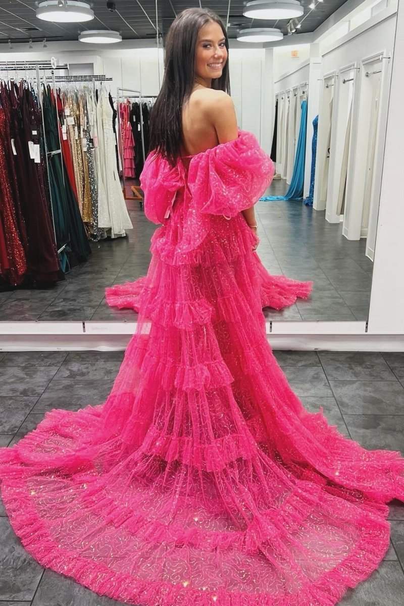 Two-Piece Puff Sleeve Ruffle Glitter Tulle Prom Dresses with Slit
