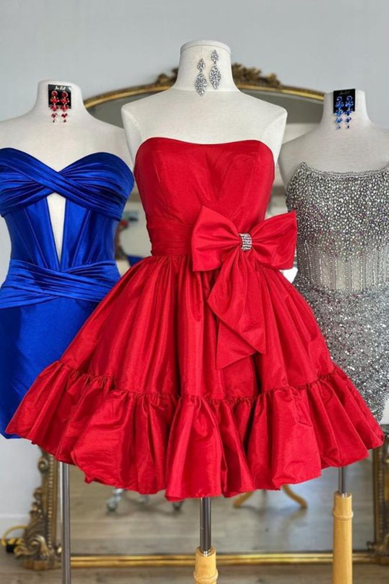 Strapless Ruffle Homecoming Dresses with Bow