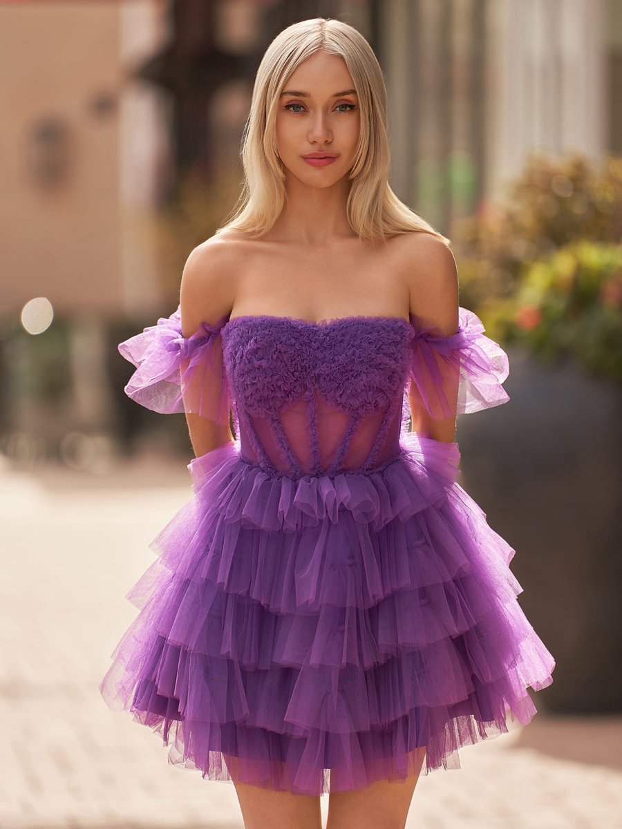 Off-the-Shoulder Lace-Up Ruffle Tie Homecoming Dresses