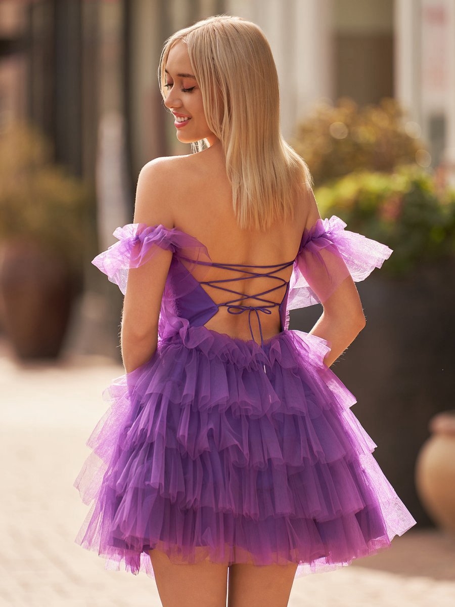 Off-the-Shoulder Lace-Up Ruffle Tie Homecoming Dresses