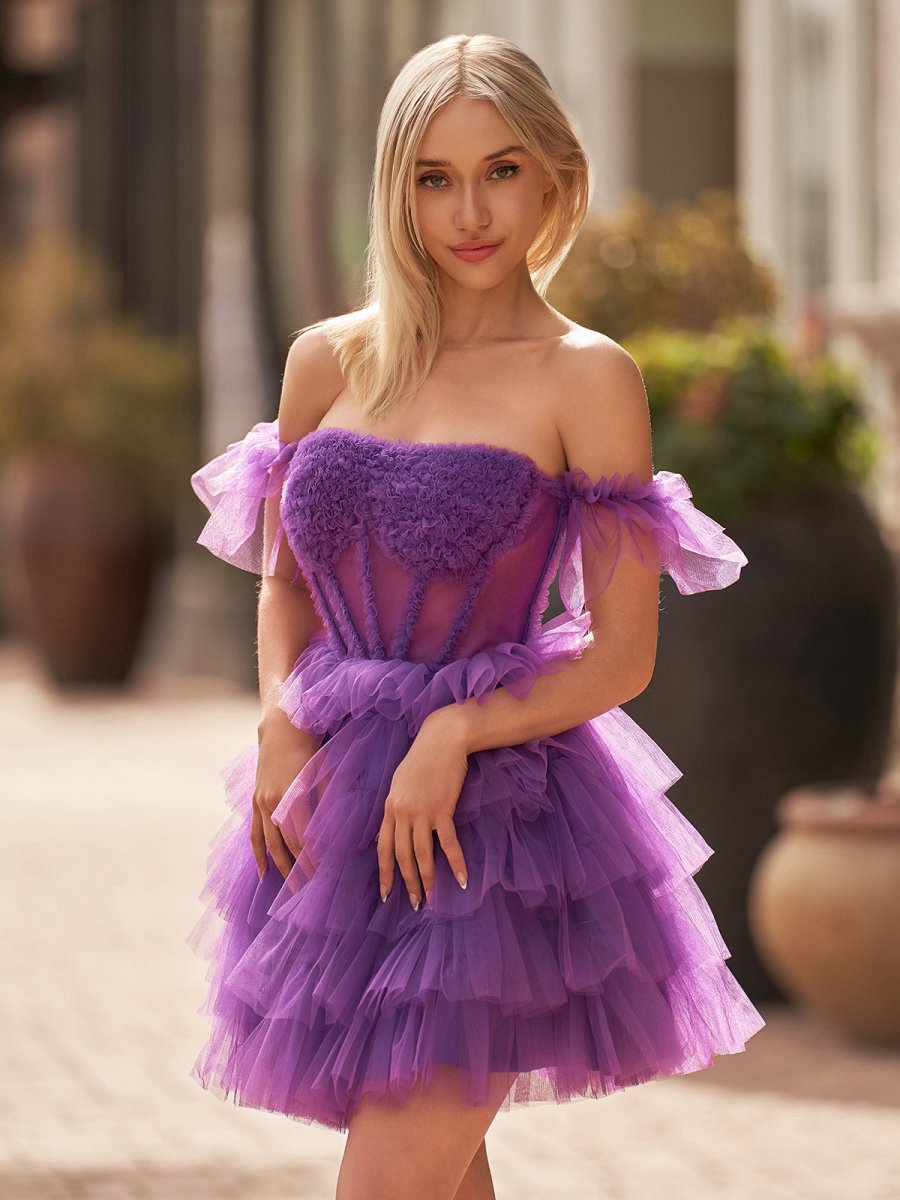 Off-the-Shoulder Lace-Up Ruffle Tie Homecoming Dresses