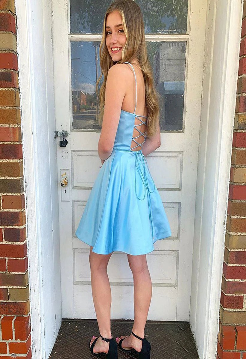 Square Neck A-line Sleeveless Satin Short Homecoming Dresses