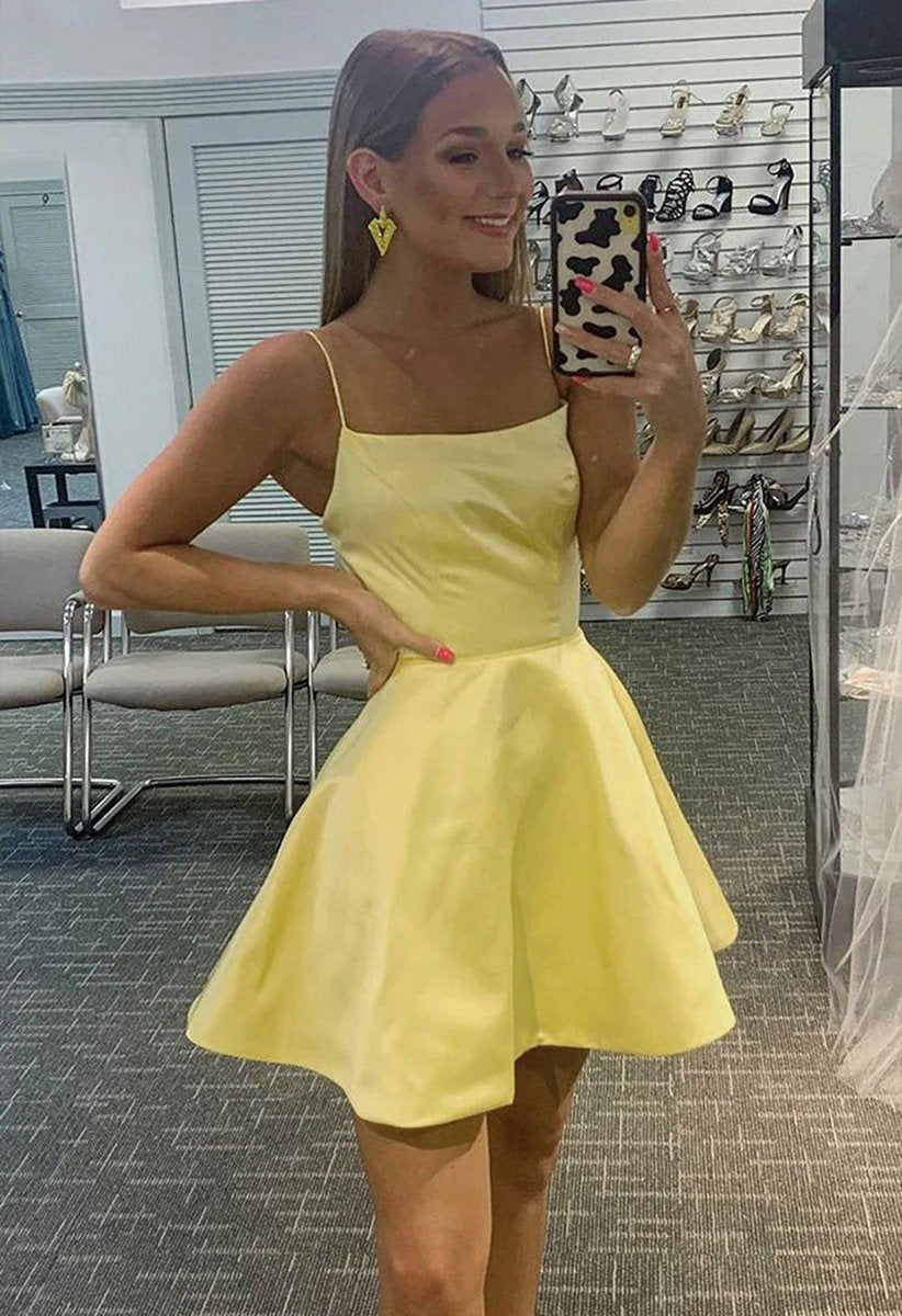 Square Neck A-line Sleeveless Satin Short Homecoming Dresses