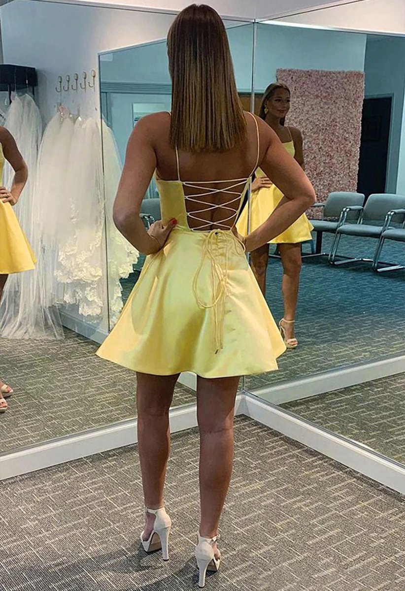 Square Neck A-line Sleeveless Satin Short Homecoming Dresses