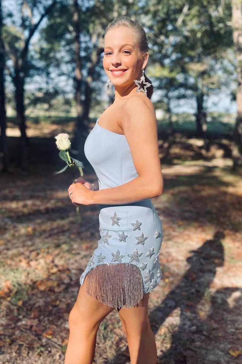 Sparkly One Shoulder Stars Tight Short Homecoming Dresses with Fringes