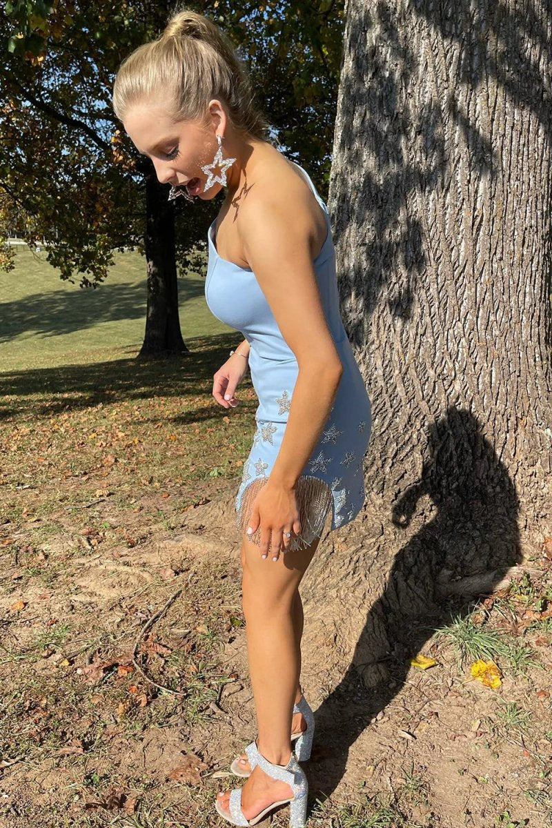 Sparkly One Shoulder Stars Tight Short Homecoming Dresses with Fringes