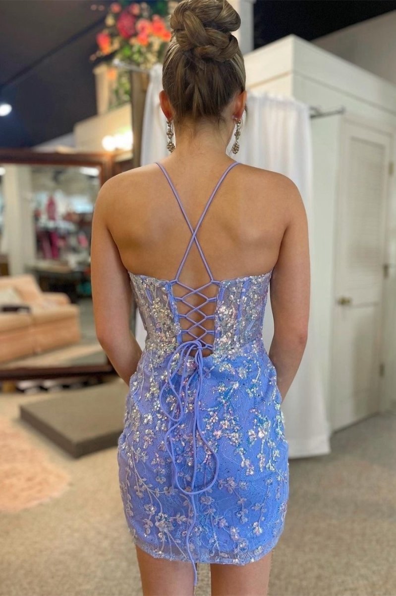 Sequin-Embroidery Lace-Up Short Cocktail Dresses