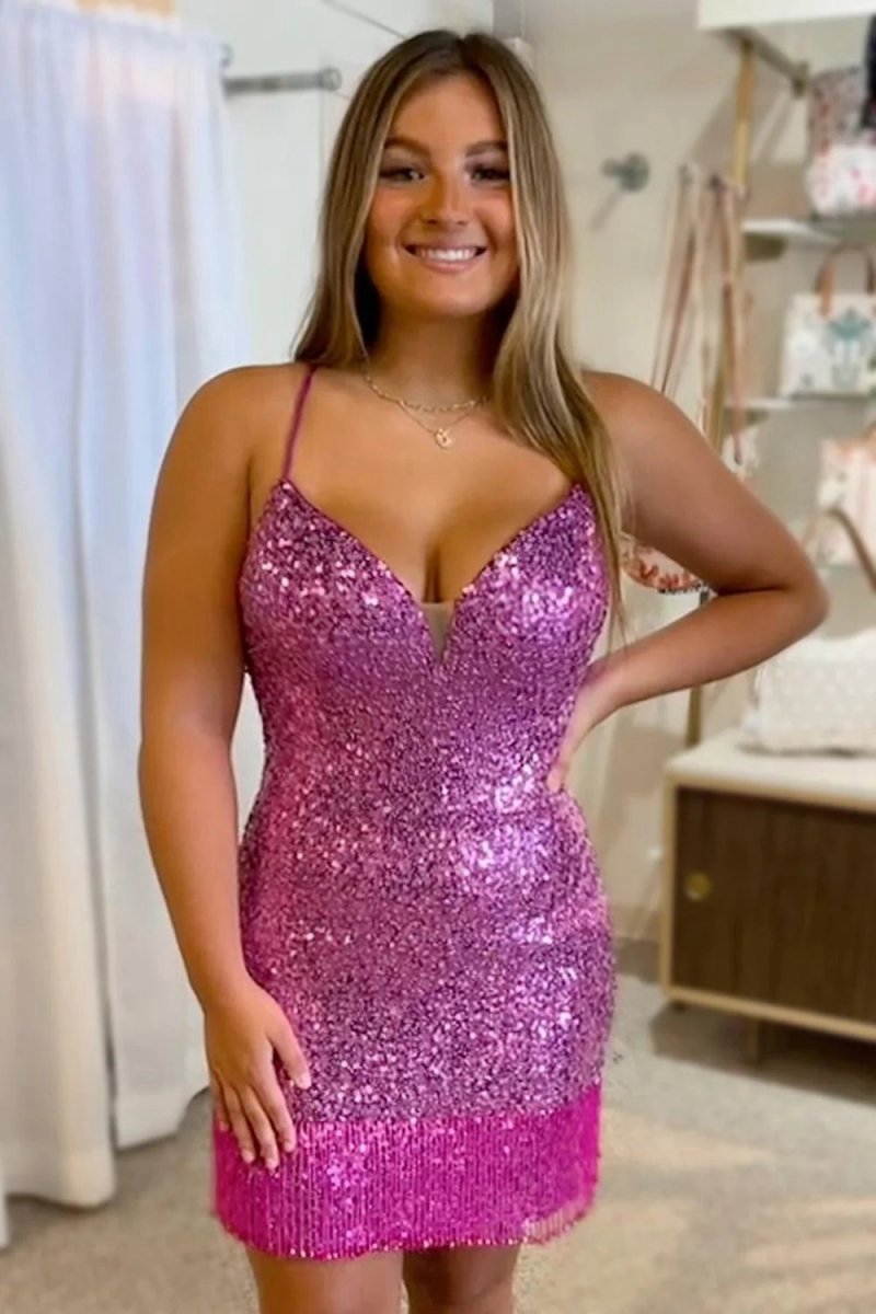 Sequins Tight Homecoming Dresses with Fringes