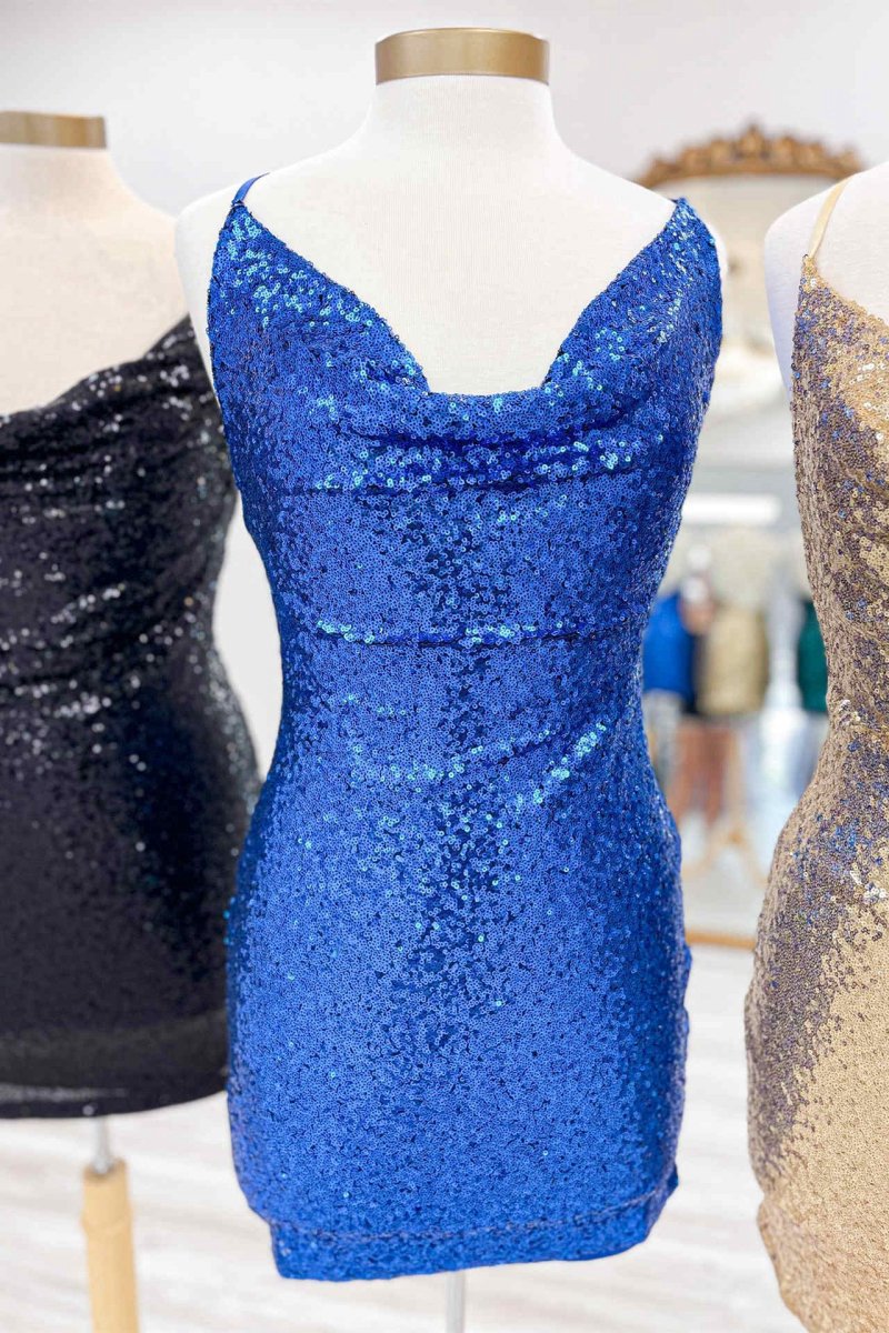 Cowl Neck Sequin Mini Homecoming Dresses