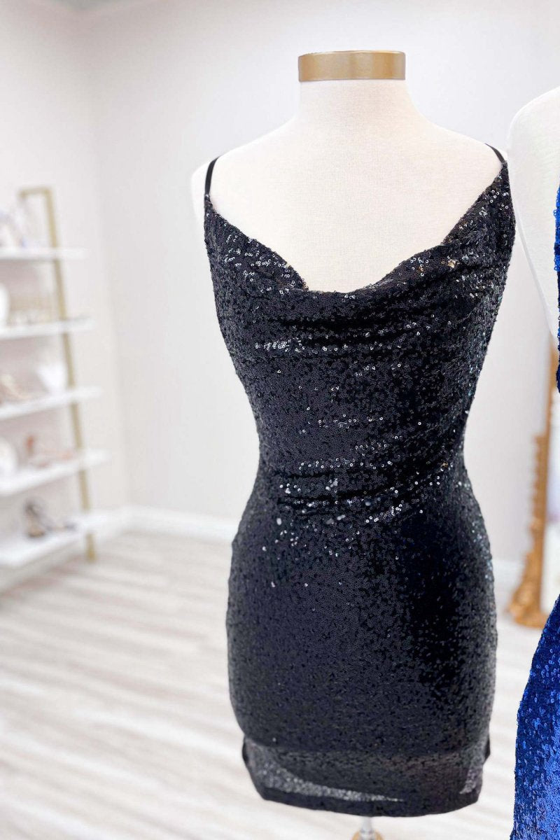 Cowl Neck Sequin Mini Homecoming Dresses