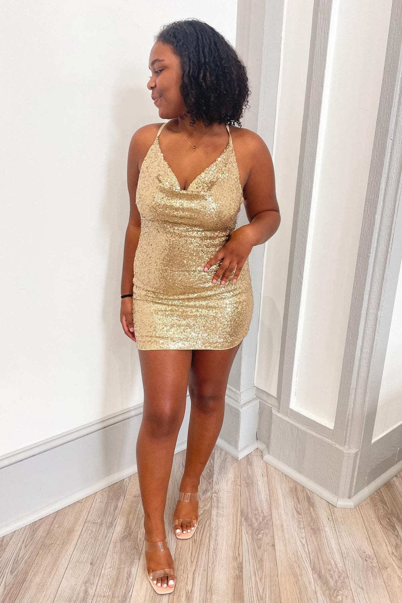 Cowl Neck Sequin Mini Homecoming Dresses