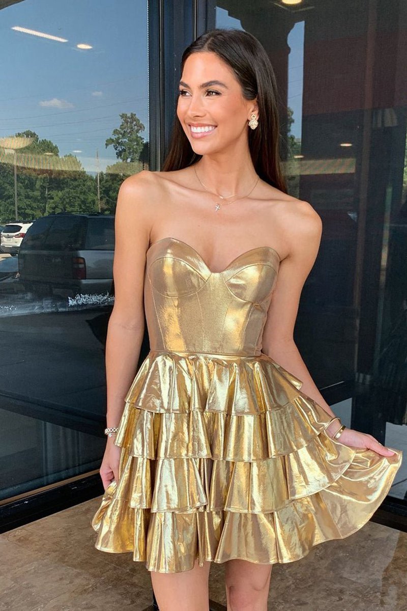 Sweetheart Gold Metallic A-line Ruffle Homecoming Dresses