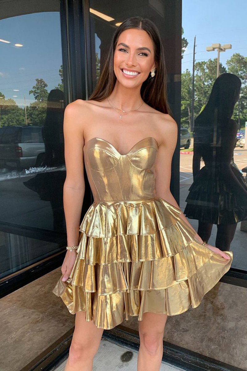 Sweetheart Gold Metallic A-line Ruffle Homecoming Dresses
