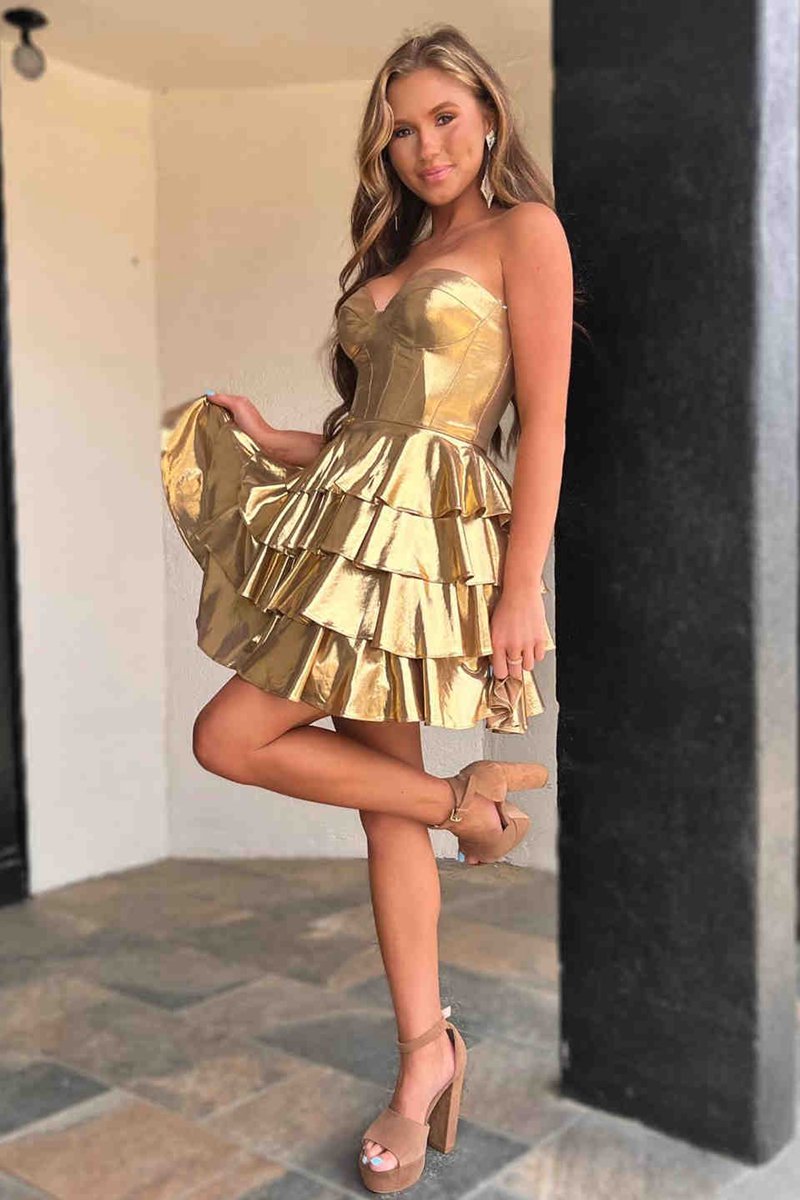 Sweetheart Gold Metallic A-line Ruffle Homecoming Dresses