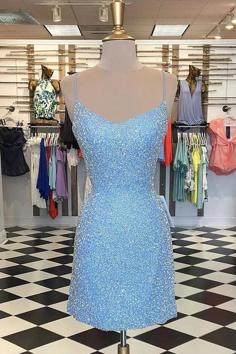 Bodycon Spaghetti Straps Sequins Short Homecoming Dresses with Criss Cross Back