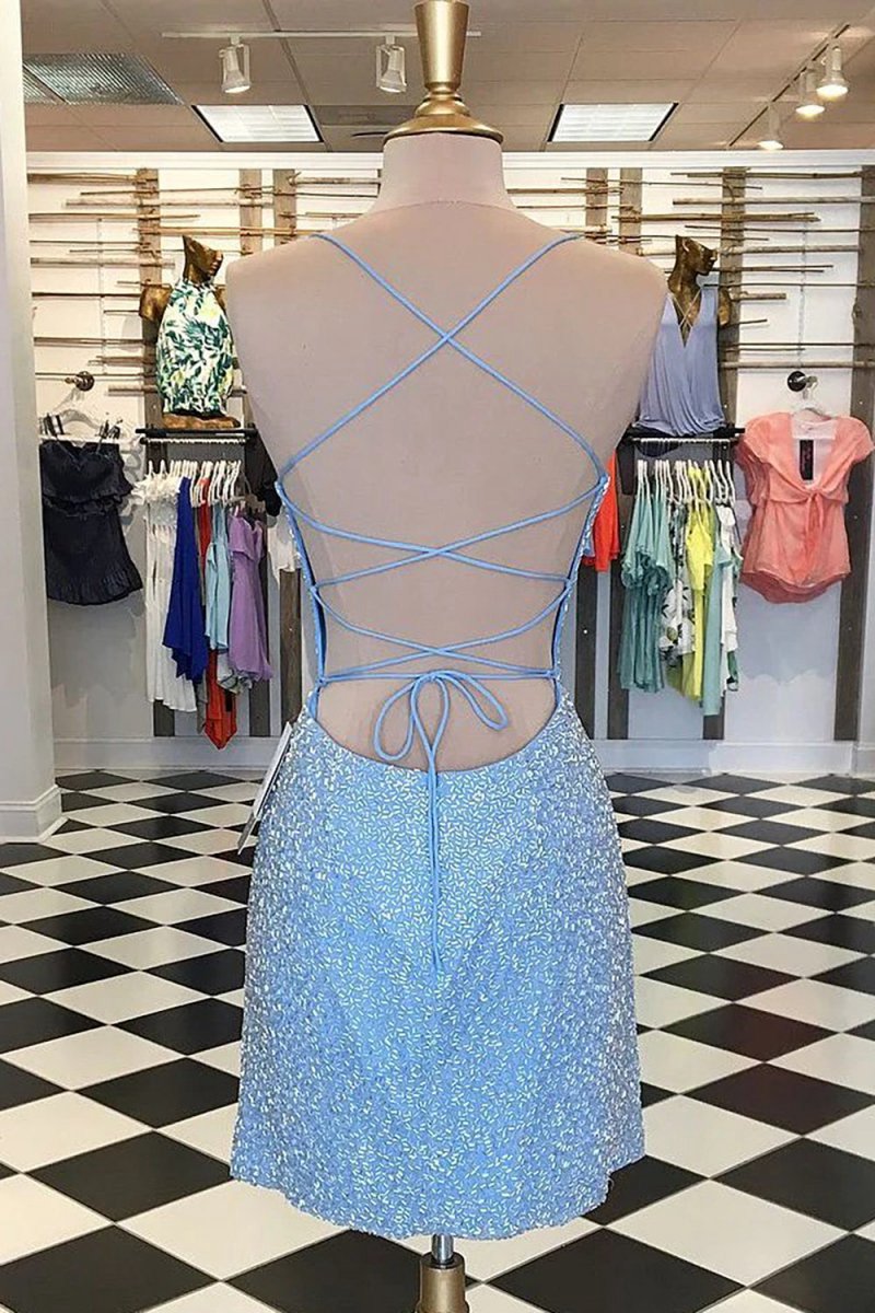 Bodycon Spaghetti Straps Sequins Short Homecoming Dresses with Criss Cross Back
