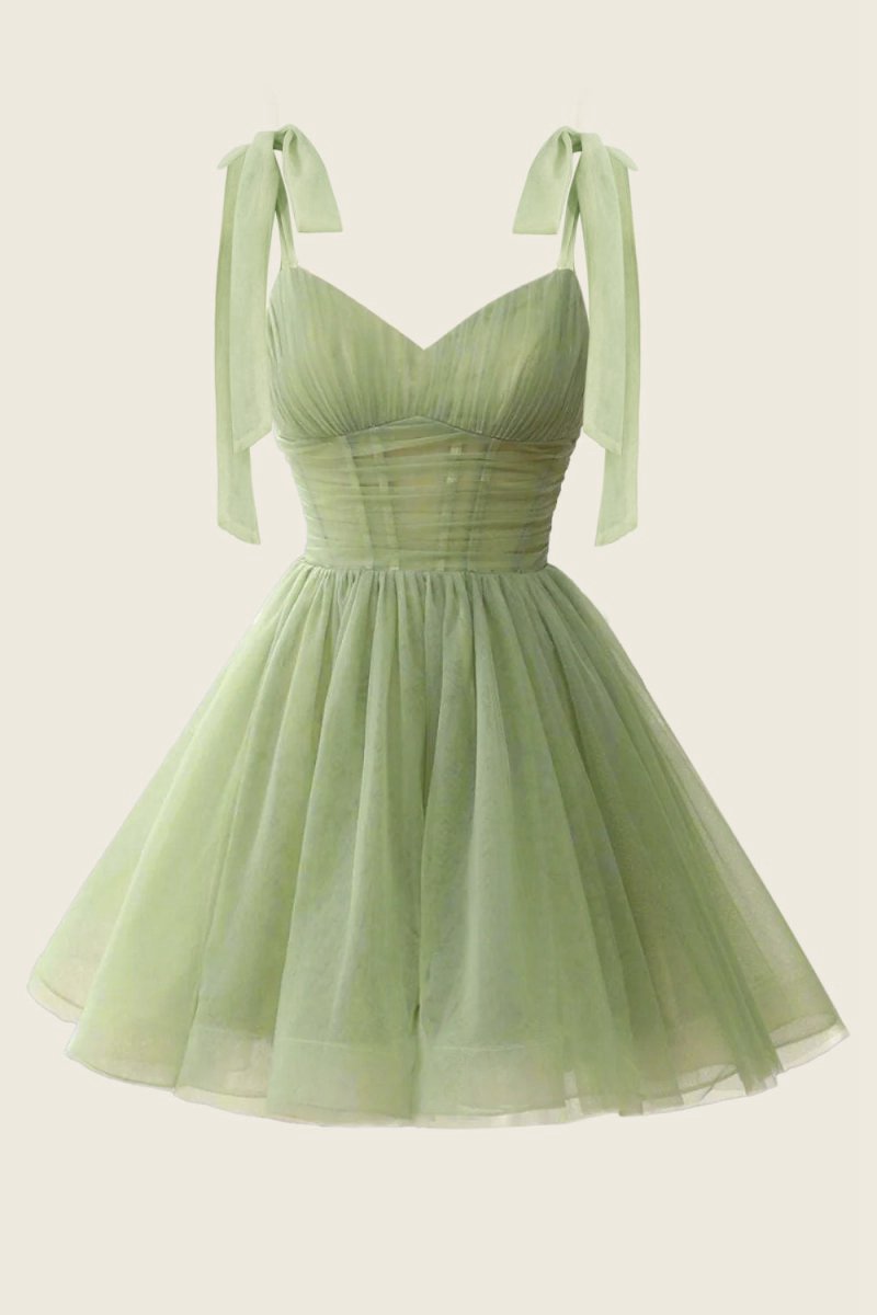 A-line V-Neck Sage Pleated Short Homecoming Dresses