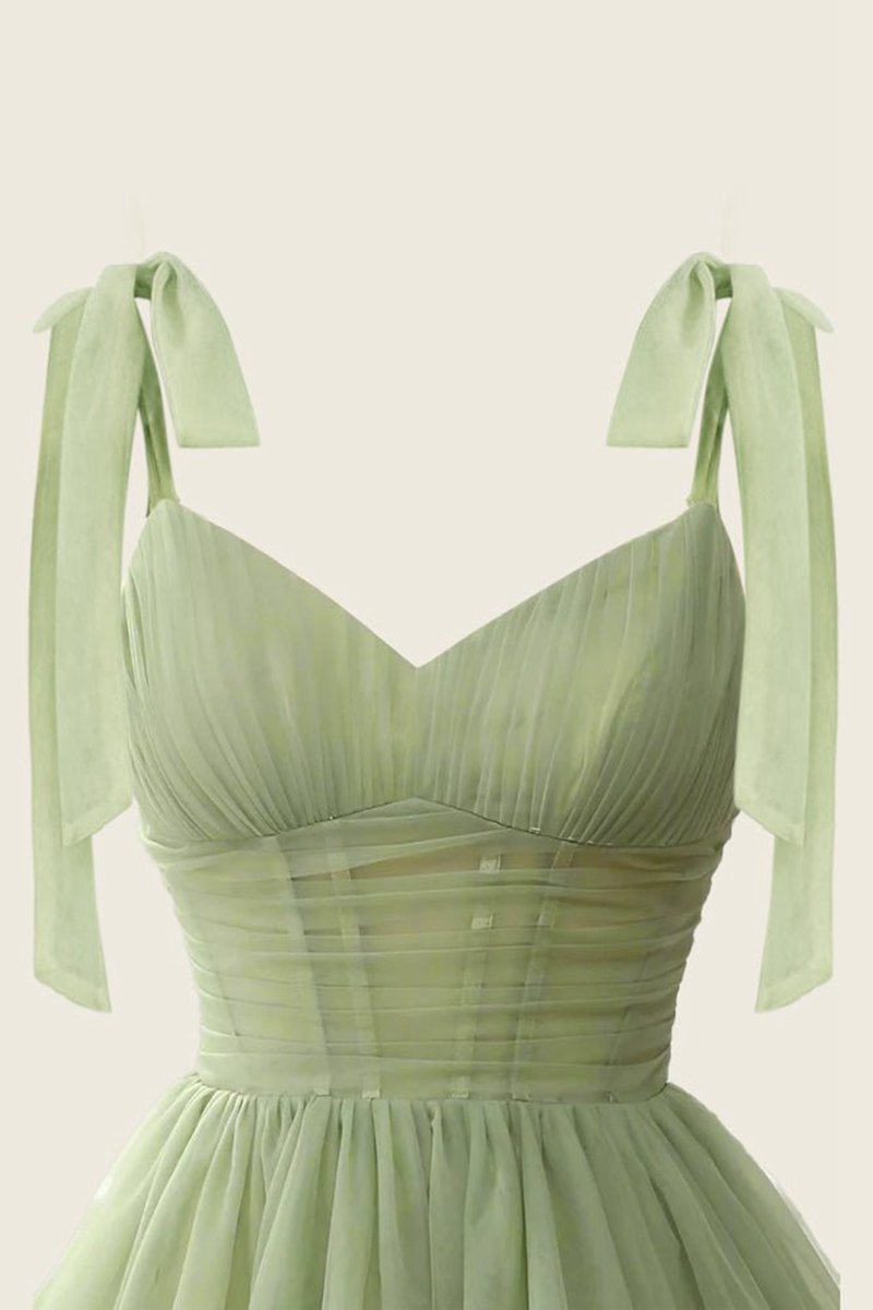 A-line V-Neck Sage Pleated Short Homecoming Dresses