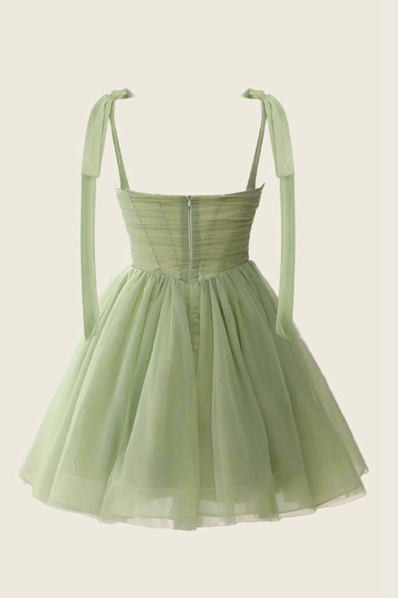 A-line V-Neck Sage Pleated Short Homecoming Dresses