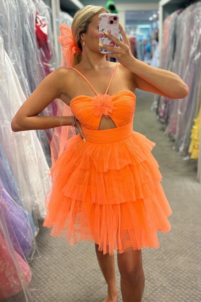 Keyhole Halter Tulle A-line Short Homecoming Dresses with Ruffles