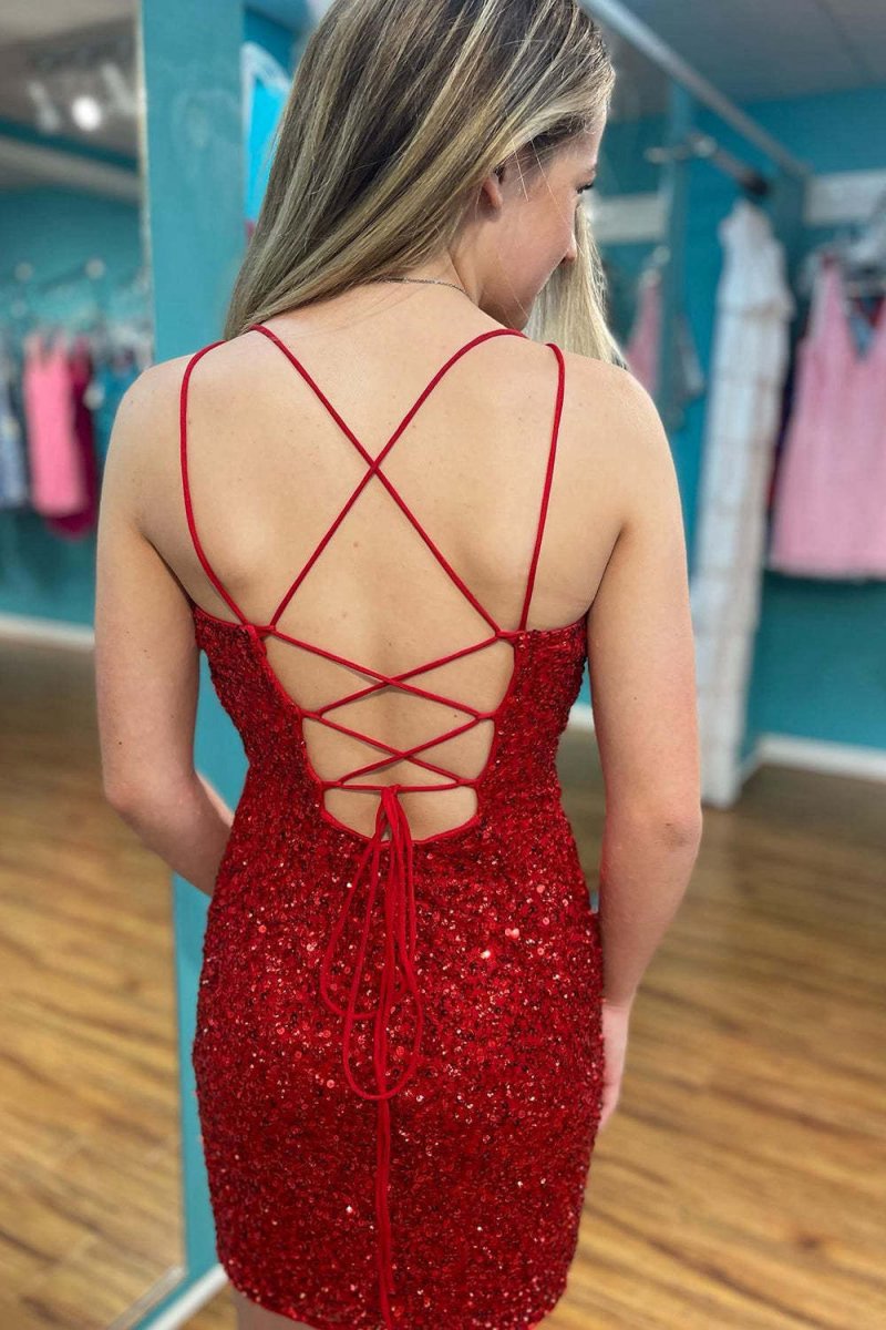 Sparkly Bodycon Spagehetti Straps Sequins Lace-up Back Homecoming Dresses