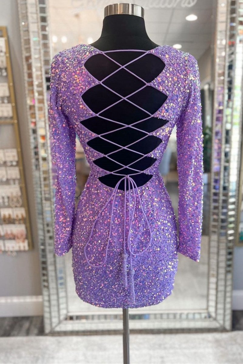 Sequin Lace-Up Short Party Dresses with Long Sleeves