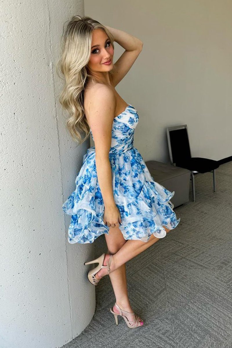 Print Sweetheart Ruffle Homecoming Dresses