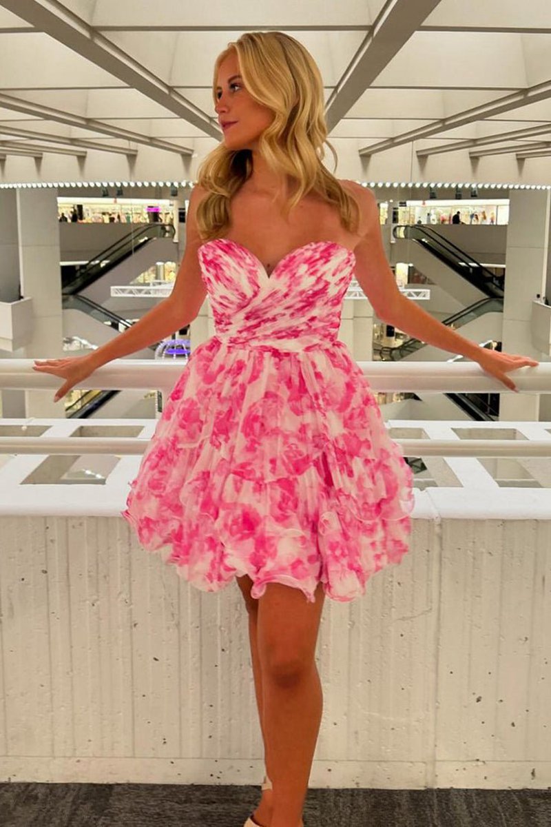 Print Sweetheart Ruffle Homecoming Dresses