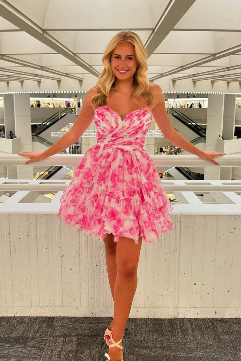 Print Sweetheart Ruffle Homecoming Dresses