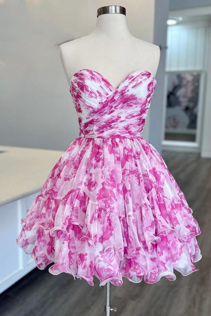 Print Sweetheart Ruffle Homecoming Dresses