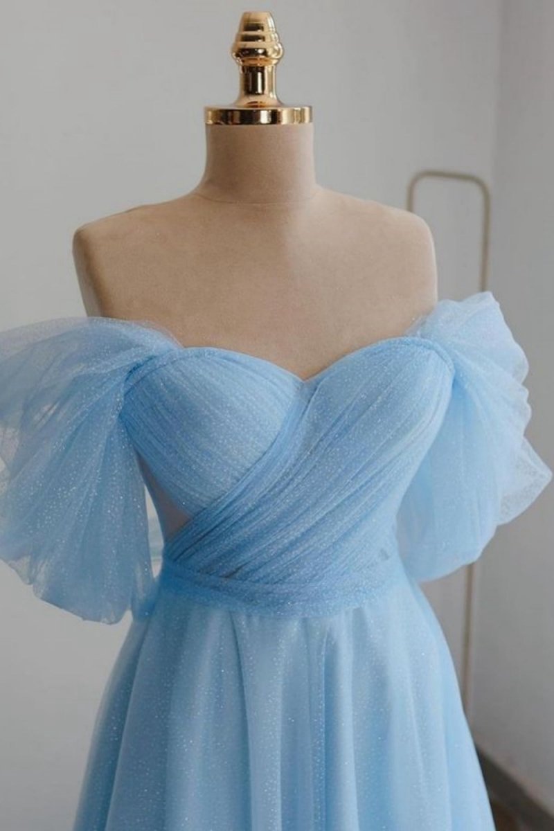 Shiny Tulle Off the Shoulder Tea Length Prom Dresses