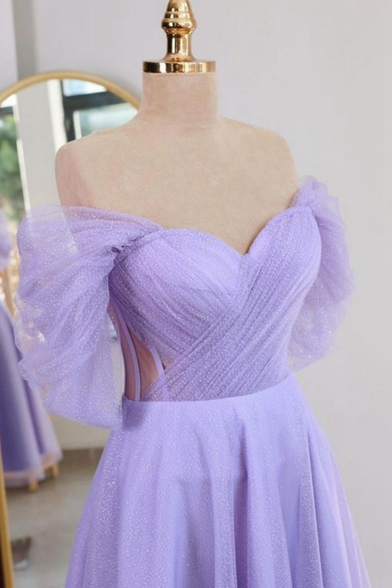 Shiny Tulle Off the Shoulder Tea Length Prom Dresses