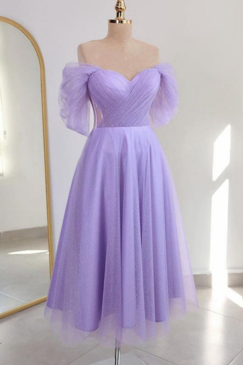 Shiny Tulle Off the Shoulder Tea Length Prom Dresses