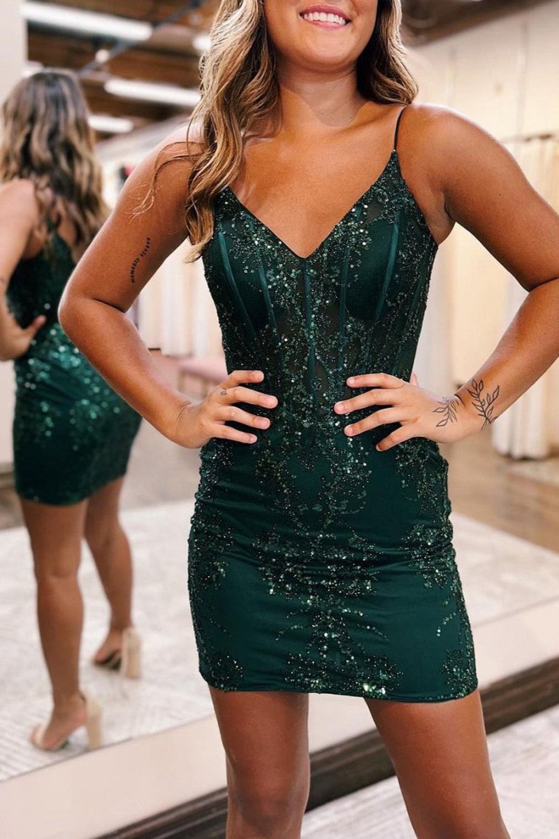 Sheath V-neck Spaghetti Straps Bodice Mini Short Homecoming Dresses