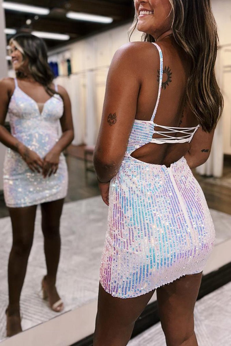 Fitted V-Neck Spaghetti Straps Sequined Homecoming Dresses