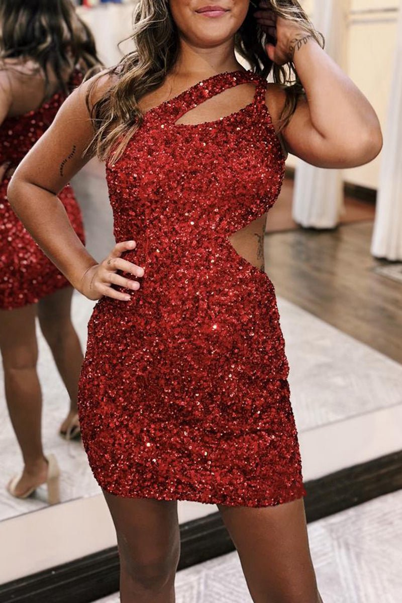 One Shoulder Sleeveless Sequined Fitted Homecoming Dresses