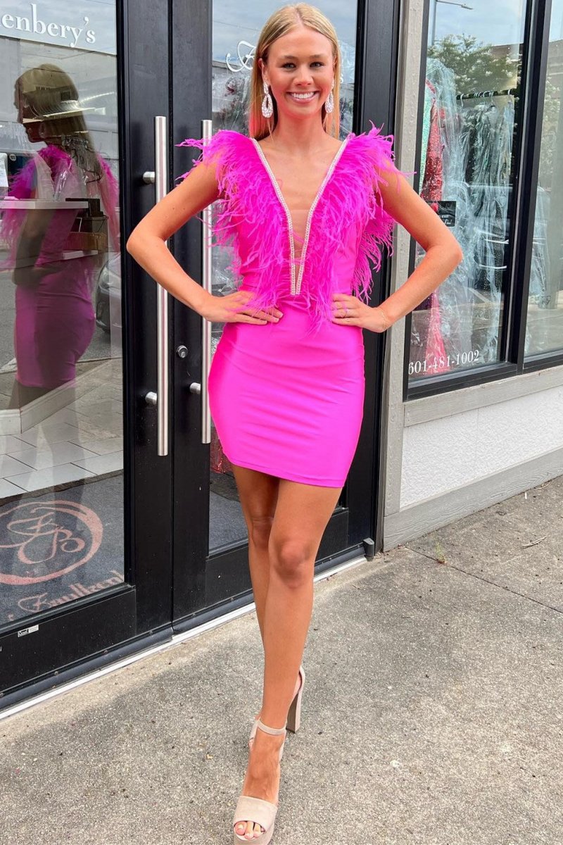 Barbie Plunge V Fitted Short Dresses with Feathers